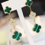 CLOVER EARRINGS GOLD MALACHITE DIAMOND 3 MOTIF - Image 7