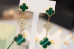 CLOVER EARRINGS GOLD MALACHITE DIAMOND 3 MOTIF - Image 4