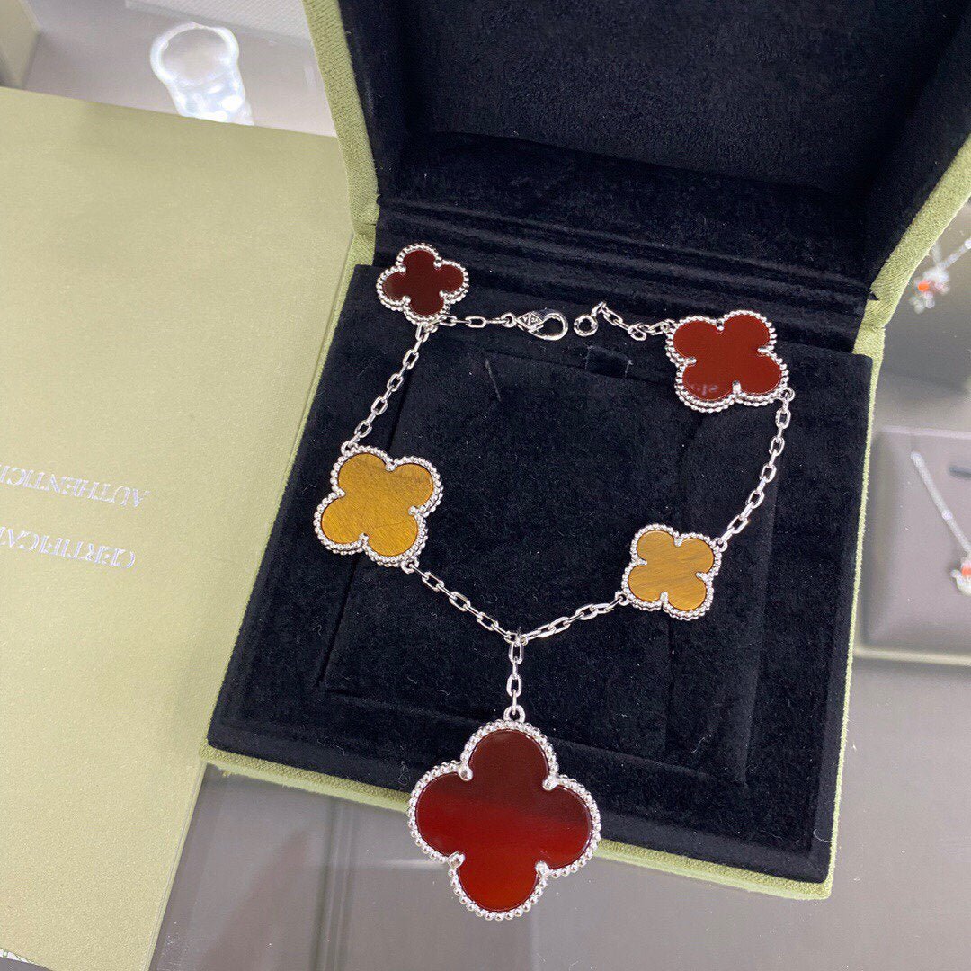 13309428281255984_8e1dc6d6-f175-42f2-abaa-604bc507b9e1 CLOVER 5 MOTIFS SIVLER CARNELIAN TIGER EYE BRACELET - Image 1