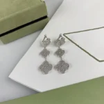 CLOVER 3 MOTIF DIAMOND SILVER DROP EARRINGS - Image 5