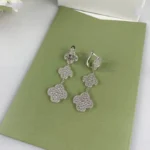 CLOVER 3 MOTIF DIAMOND SILVER DROP EARRINGS - Image 4