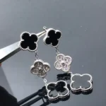 CLOVER 3 MOTIF DIAMOND ONYX SILVER EARRINGS - Image 2