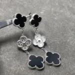 CLOVER 3 MOTIF DIAMOND ONYX SILVER EARRINGS - Image 3