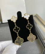 CLOVER 3 MOTIF MOP ONYX DARK MOP PINK GOLD EARRINGS