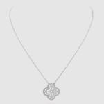 CLOVER 25MM LARGE PENDANT DIAMOND PAVED SILVER NECKLACE