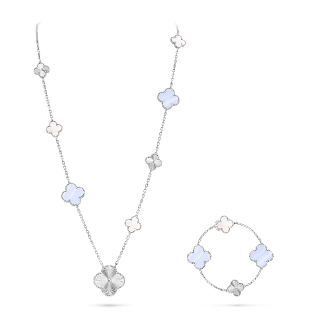 silver-2_4a876343-dbd3-44a9-bc78-985e6f367425 ETACHABLE CLOVER 15(11+4) FLOWER SILVER NECKLACE SET - Image 1
