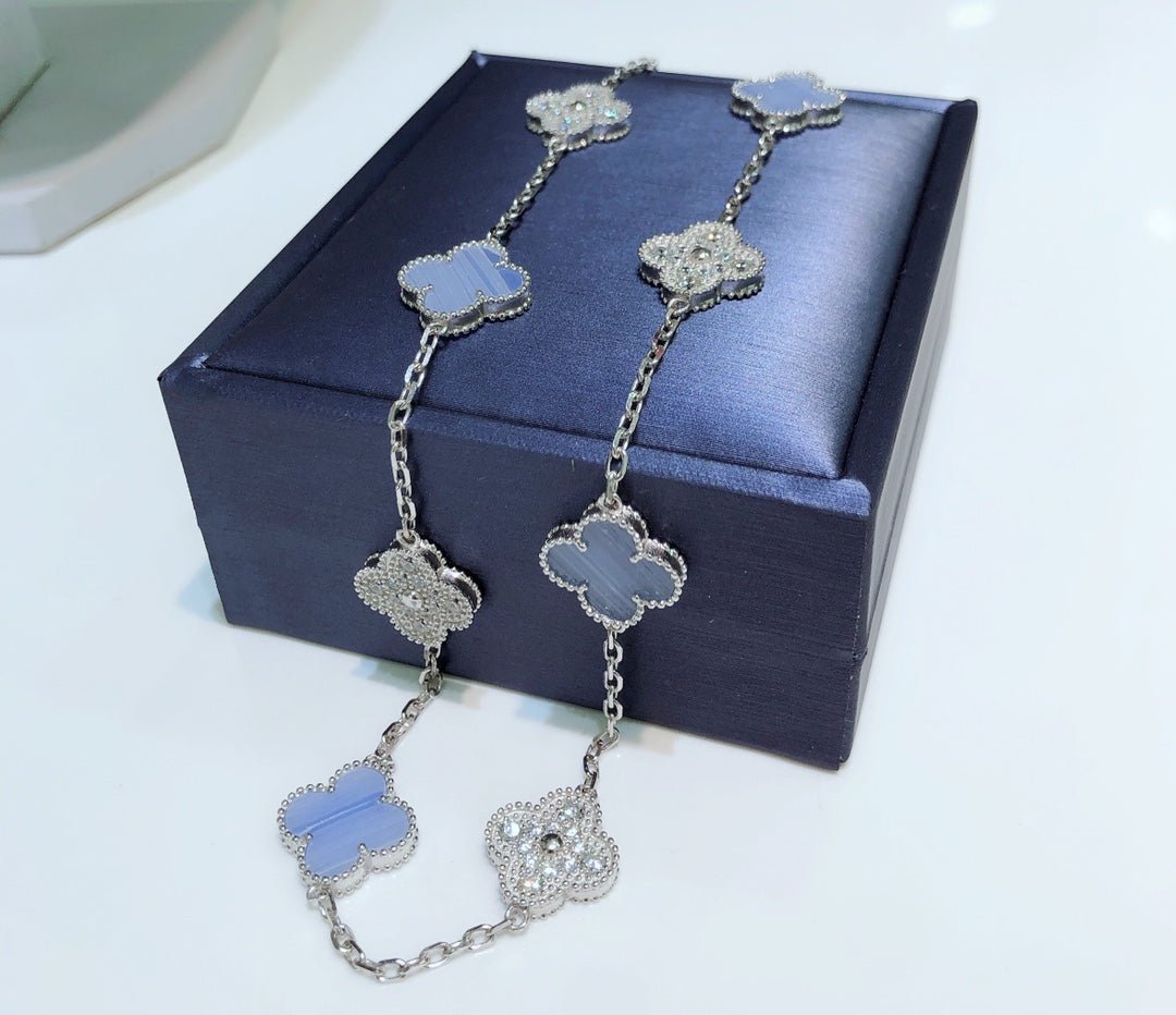 wsxc1701194722596_2 CLOVER 10 MOTIFS CHALCEDONY DIAMONDS SILVER NECKLACE - Image 1