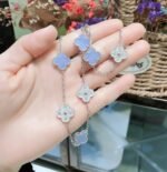 CLOVER 10 MOTIFS CHALCEDONY DIAMONDS SILVER NECKLACE - Image 4